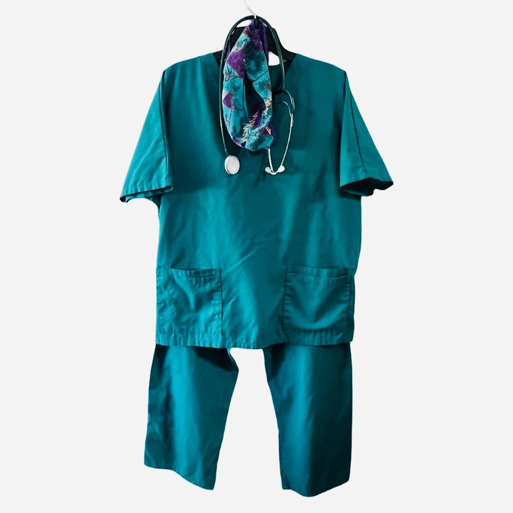 Doctor Costume 3pc Set  | Teal | Drawstring Scrubs | Stethoscope & Cap | Size XL